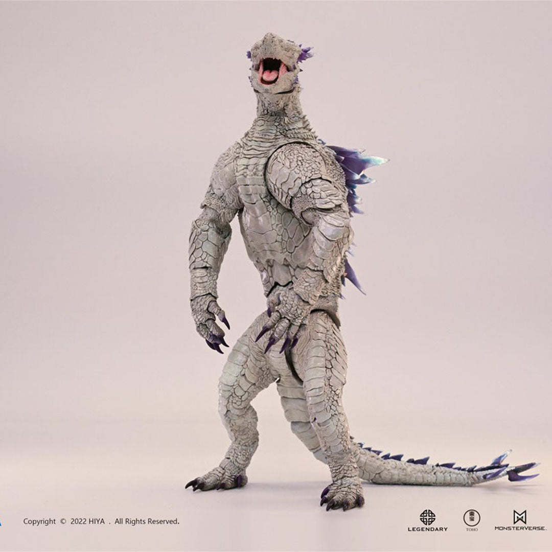 Hiya Toys Shimo Godzilla action figure standing with detailed scales and purple dorsal plates from Godzilla vs Kong The New Empire