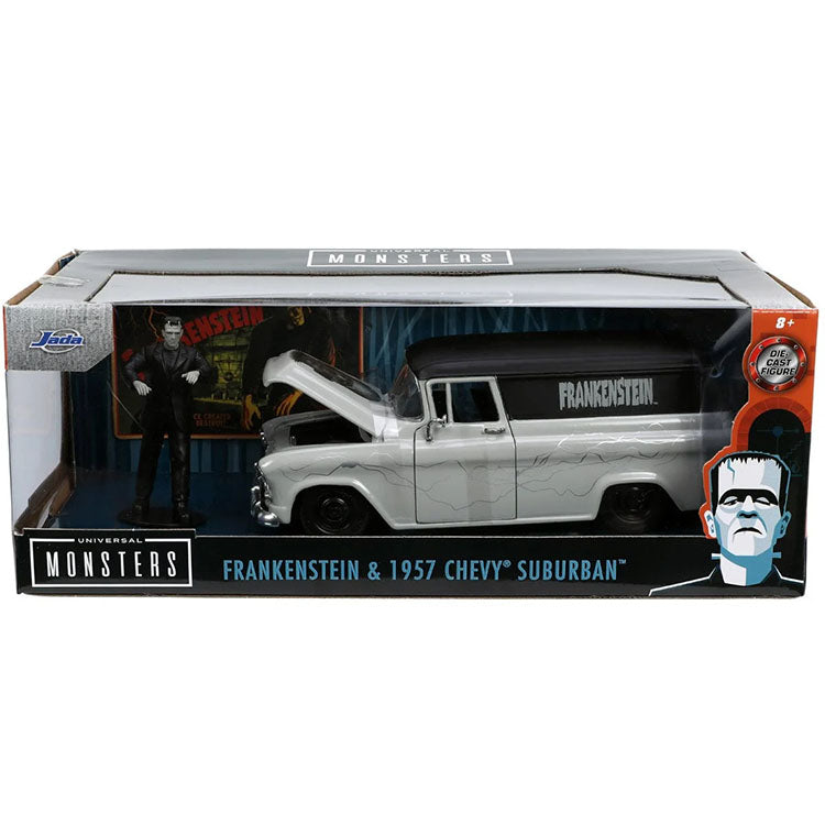 Go Figment Universal Monsters Frankenstein 1957 Chevy Suburban 1:24 scale die-cast vehicle with figure in packaging