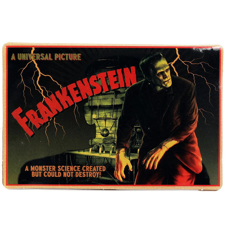 Vintage Frankenstein Universal monster poster with lightning and bold red text by Go Figment