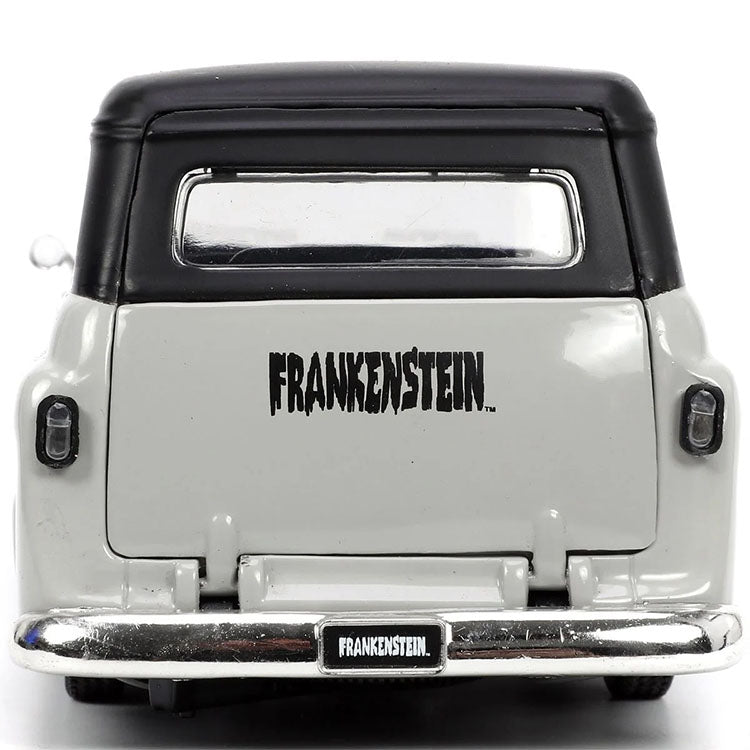 Rear view of Go Figment 1957 Chevy Suburban die-cast vehicle with Frankenstein logo and detailed black roof