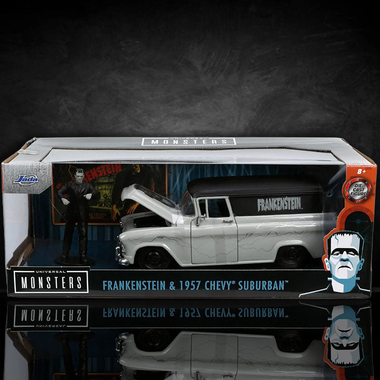 Go Figment Universal Monsters Frankenstein 1957 Chevy Suburban die-cast vehicle with figure in collectible packaging