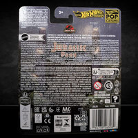 Hot Wheels Premium Jurassic Park Jeep Wrangler Sahara packaging showing safety and licensing information