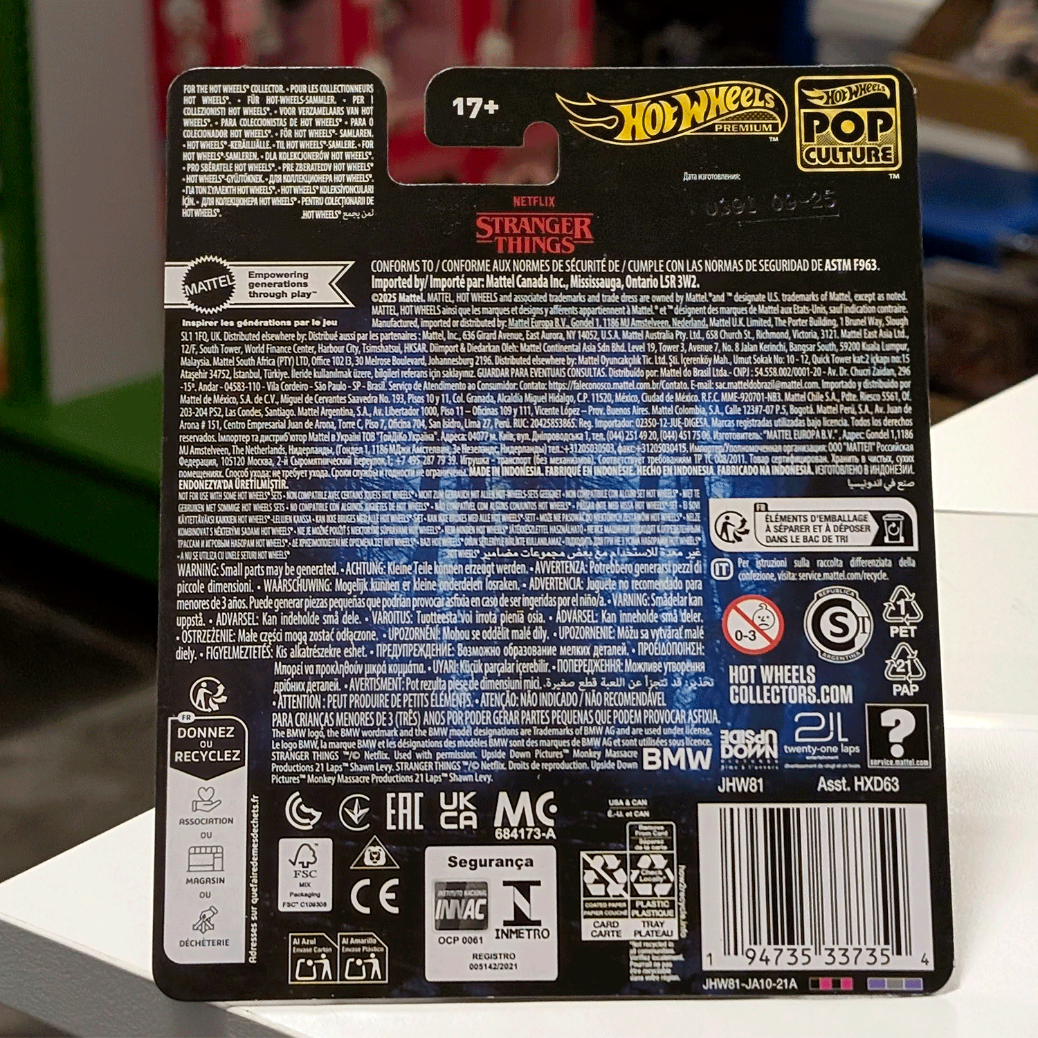Mattel Hot Wheels 1983 BMW 733I Stranger Things Pop Culture 2026 die-cast vehicle packaging back view with product info