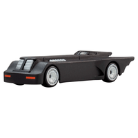Mattel Hot Wheels Animated Series Batmobile die-cast vehicle in sleek black with detailed wheels side profile view