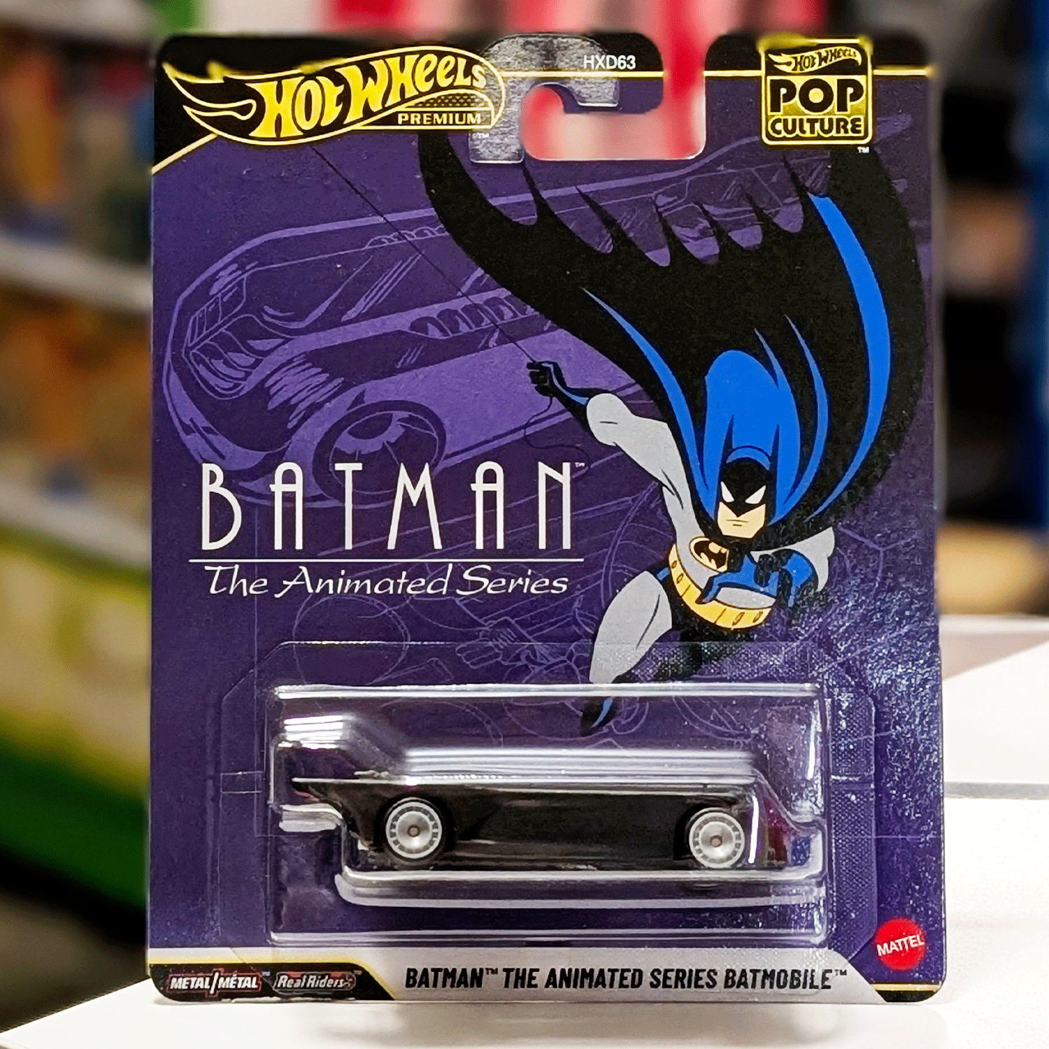 Mattel Hot Wheels Pop Culture 2026 die-cast Batman Animated Series Batmobile in black packaging front view