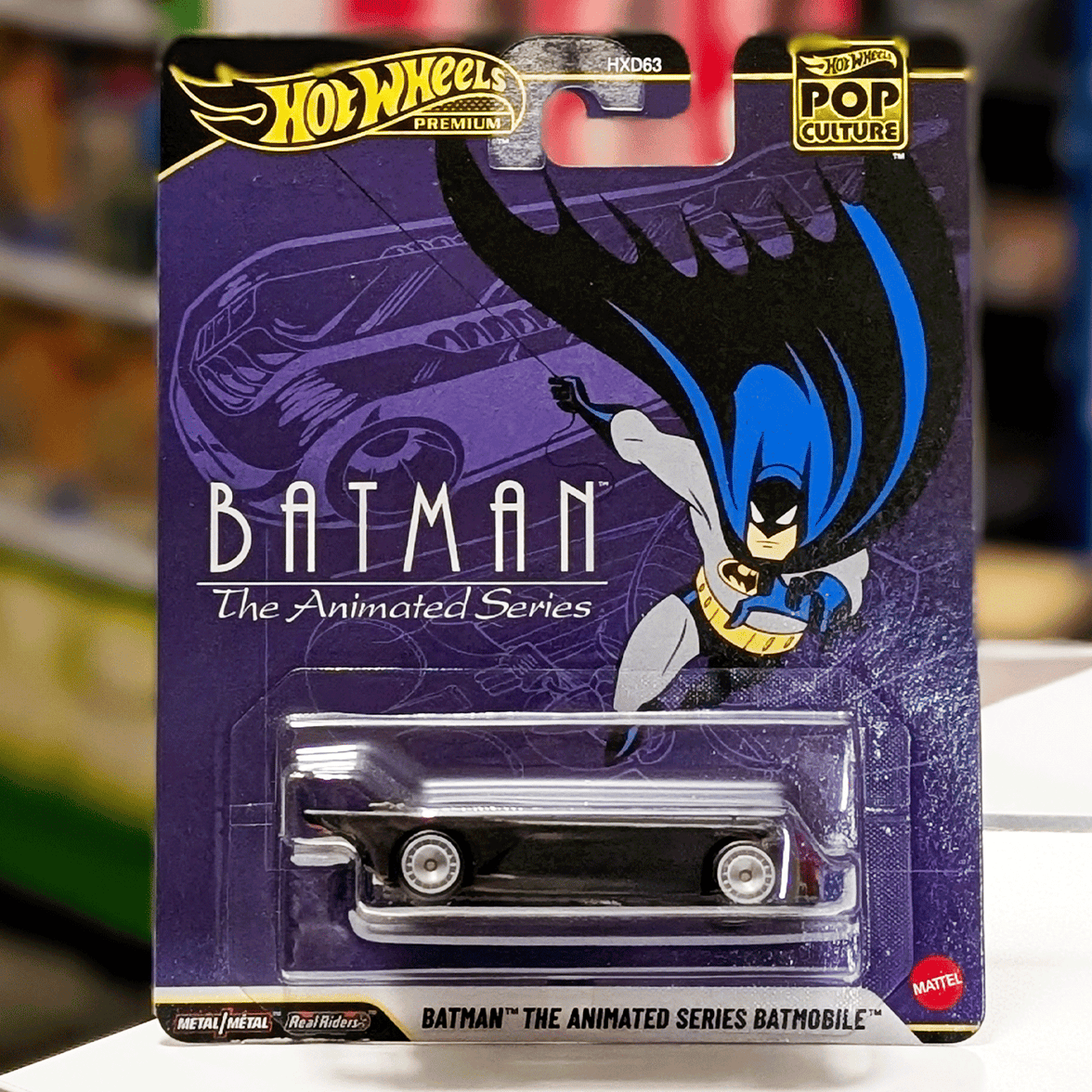 Mattel Hot Wheels Pop Culture 2026 die-cast Batman Animated Series Batmobile in black packaging front view