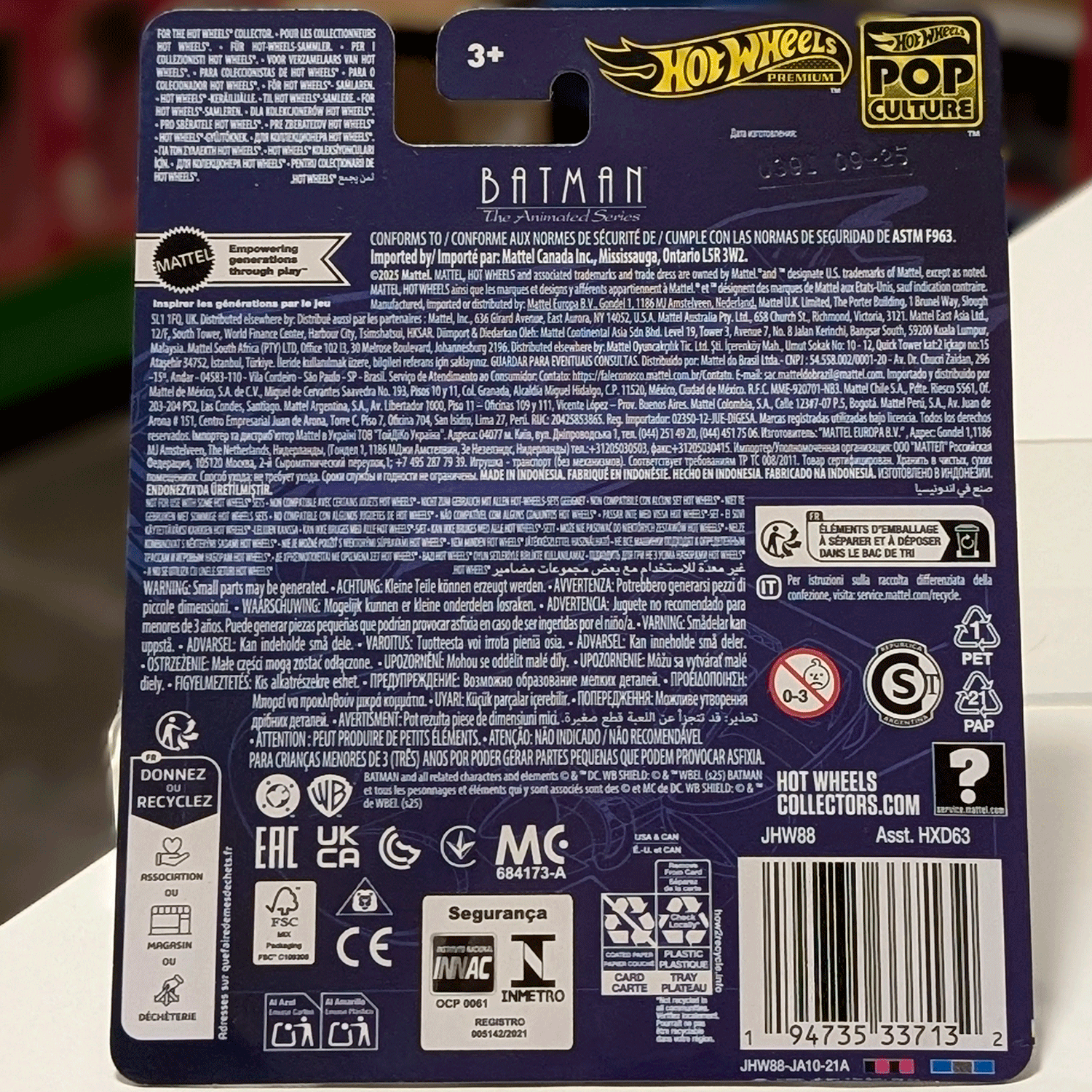 Mattel Hot Wheels Pop Culture 2026 Batman Animated Series Batmobile packaging back view with safety details