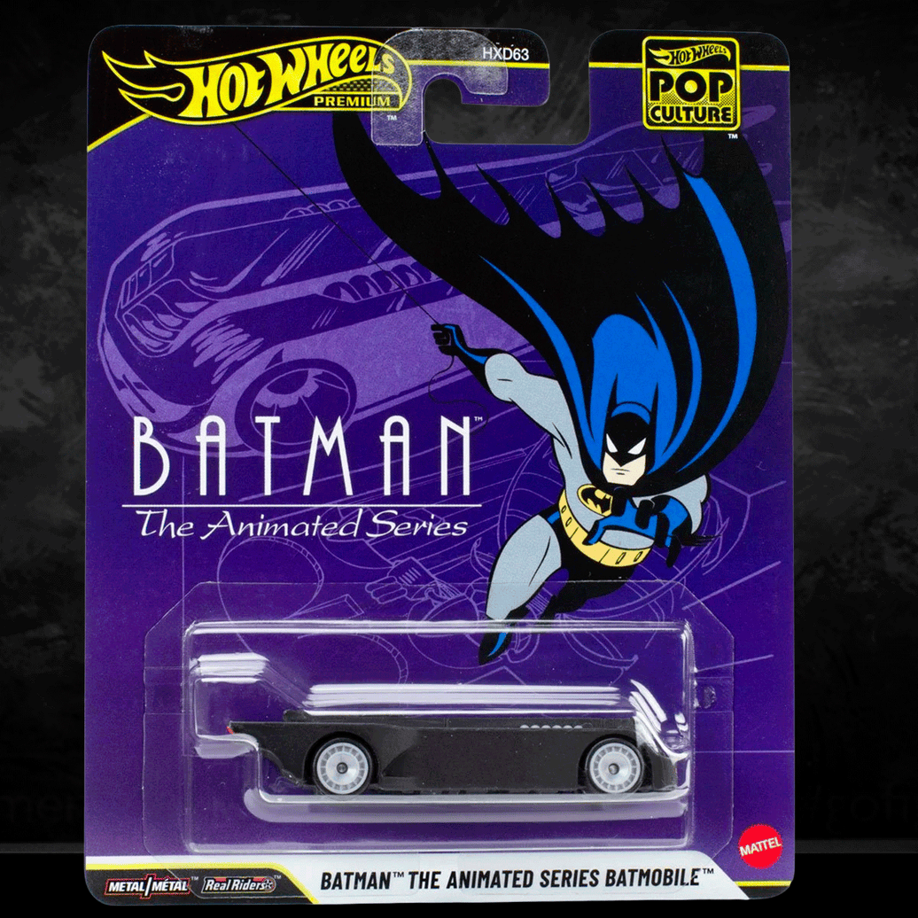 Mattel Hot Wheels Animated Series Batmobile die-cast vehicle in purple Pop Culture 2026 packaging front view
