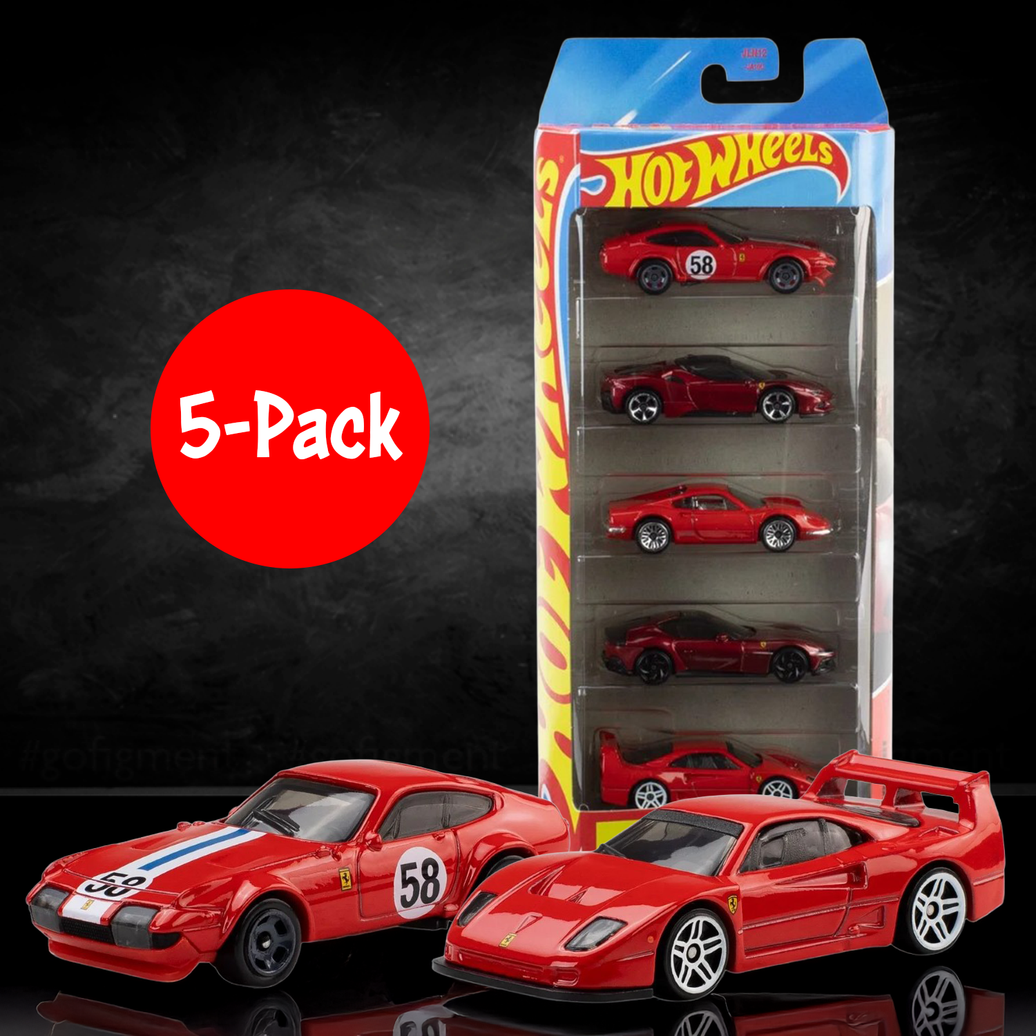 Ferrari Hot Wheels 5-Pack Die-Cast Toy Cars Set Mattel featuring detailed 1:64 scale red Ferrari models new collectible