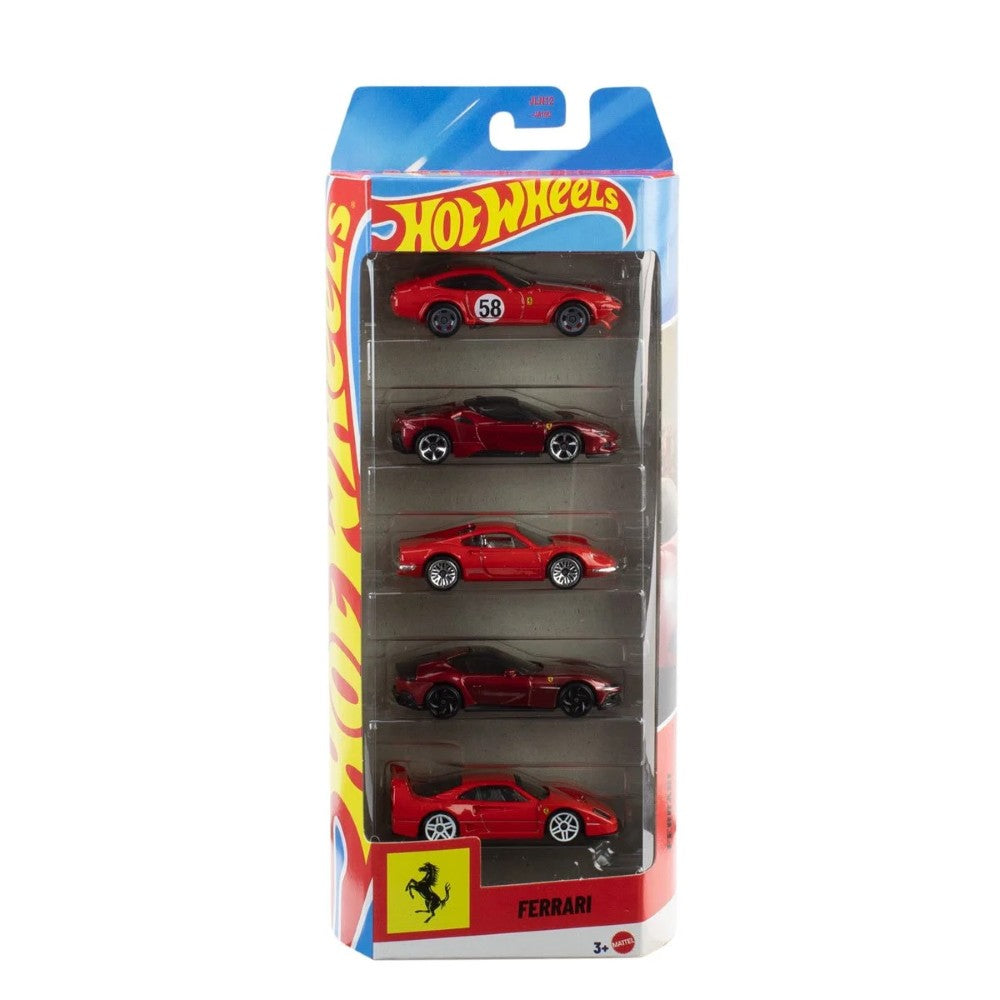 Ferrari Hot Wheels 5-Pack Die-Cast Toy Cars Set Mattel featuring new 1:64 scale red Ferrari collectible models in packaging