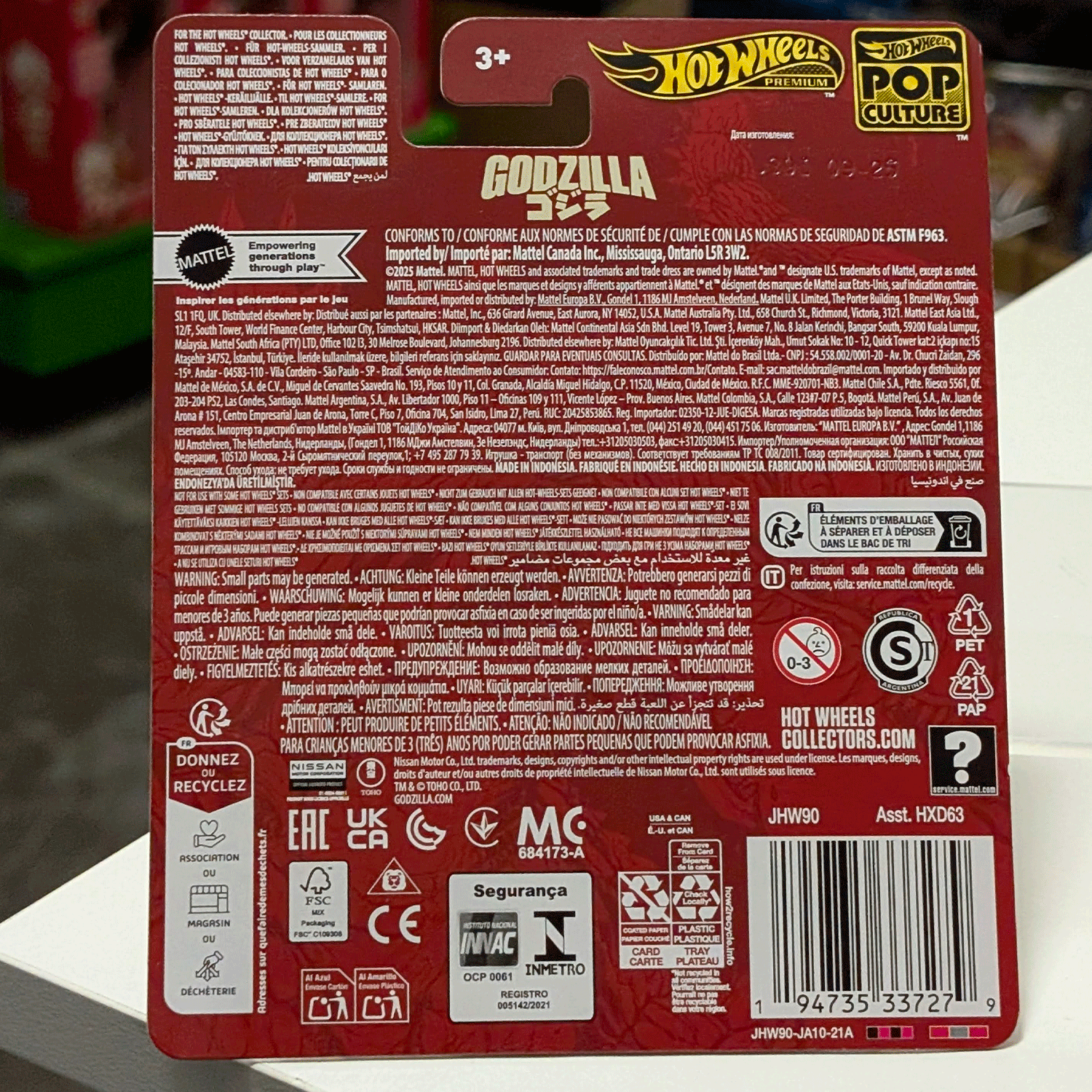 Mattel Hot Wheels Premium Pop Culture 2026 packaging back view with product details and safety information visible