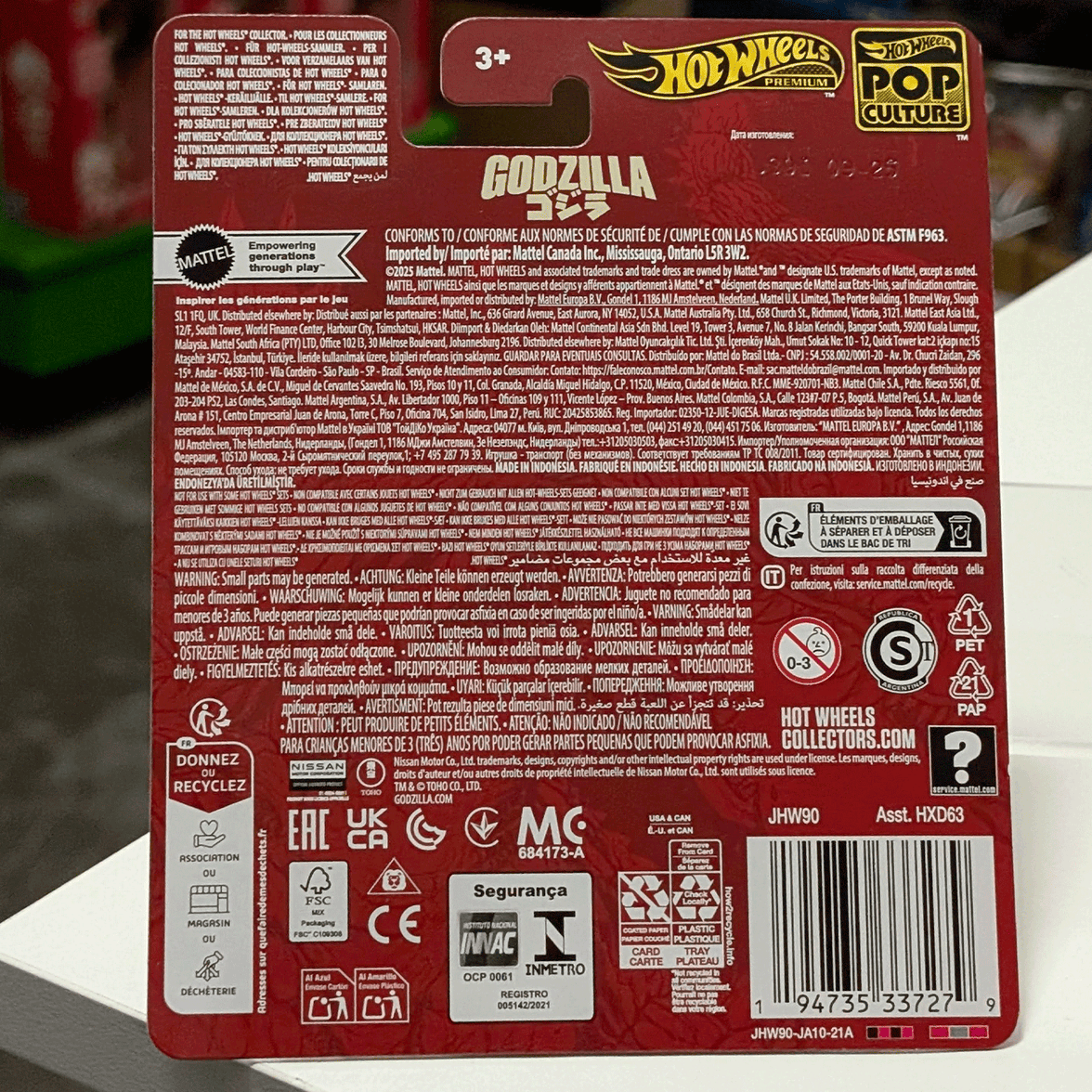 Mattel Hot Wheels Premium Pop Culture 2026 packaging back view with product details and safety information visible