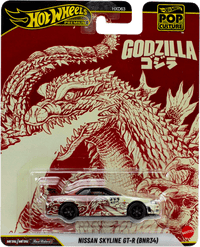 Mattel Hot Wheels Premium Nissan Skyline GT-R BNR34 Godzilla Pop Culture 2026 die-cast car in packaging front view
