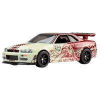 Mattel Hot Wheels Nissan Skyline GT-R Godzilla design die-cast car with red and cream detailed livery side view