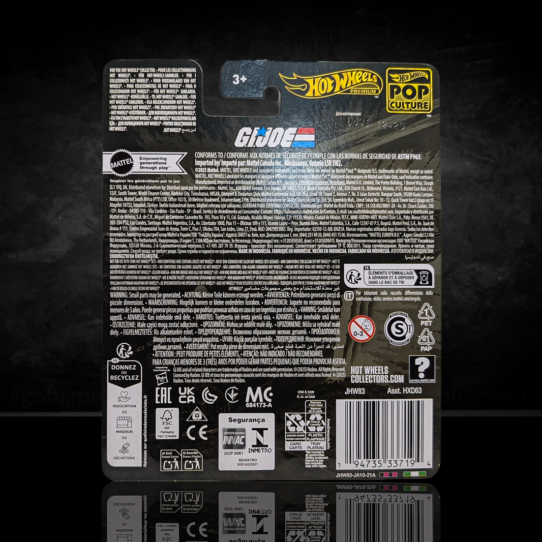 Back packaging of GI Joe Cobra H.I.S.S. Tank Hot Wheels Premium Pop Culture Diecast Car by Mattel with safety and recycling info.