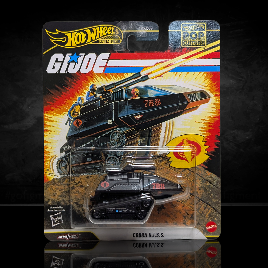 GI Joe Cobra H.I.S.S. Tank Hot Wheels Premium Pop Culture Diecast Car by Mattel in packaging on black background