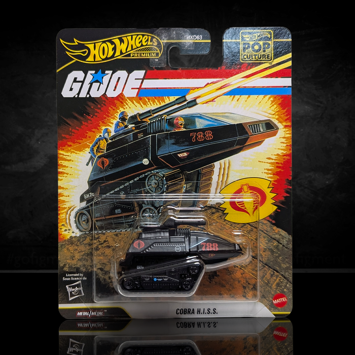 GI Joe Cobra H.I.S.S. Tank Hot Wheels Premium Pop Culture Diecast Car by Mattel in packaging on black background