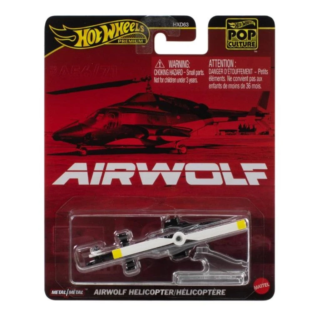 Mattel Hot Wheels Premium Airwolf 1:64 scale die-cast helicopter model in Pop Culture packaging red background