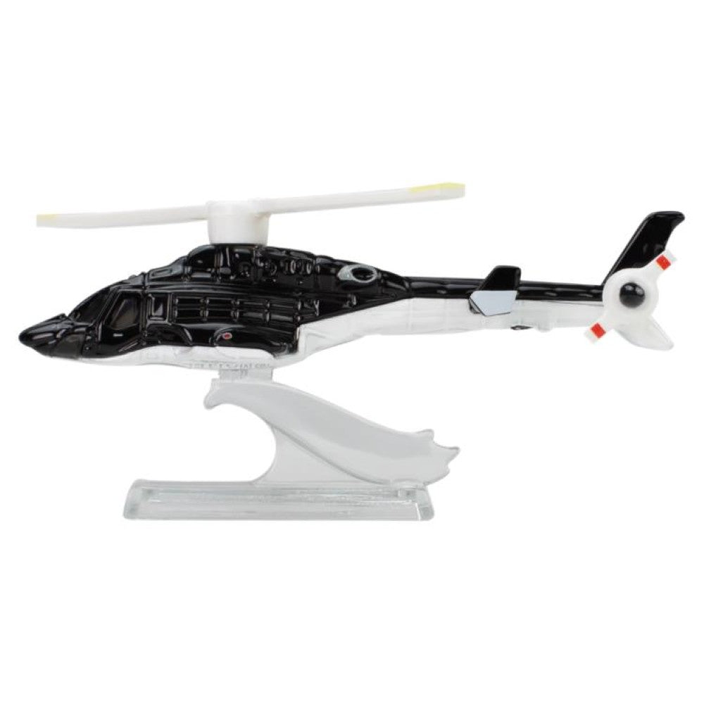 Mattel Hot Wheels Airwolf 1:64 scale black and white die-cast helicopter model on clear plastic display stand