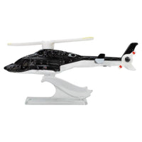 Mattel Hot Wheels Airwolf 1:64 scale black and white die-cast helicopter model on clear plastic display stand