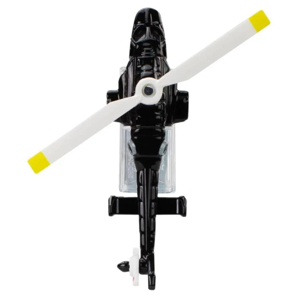 Mattel Hot Wheels Airwolf 1:64 scale die-cast black stealth helicopter with white rotor blades top view
