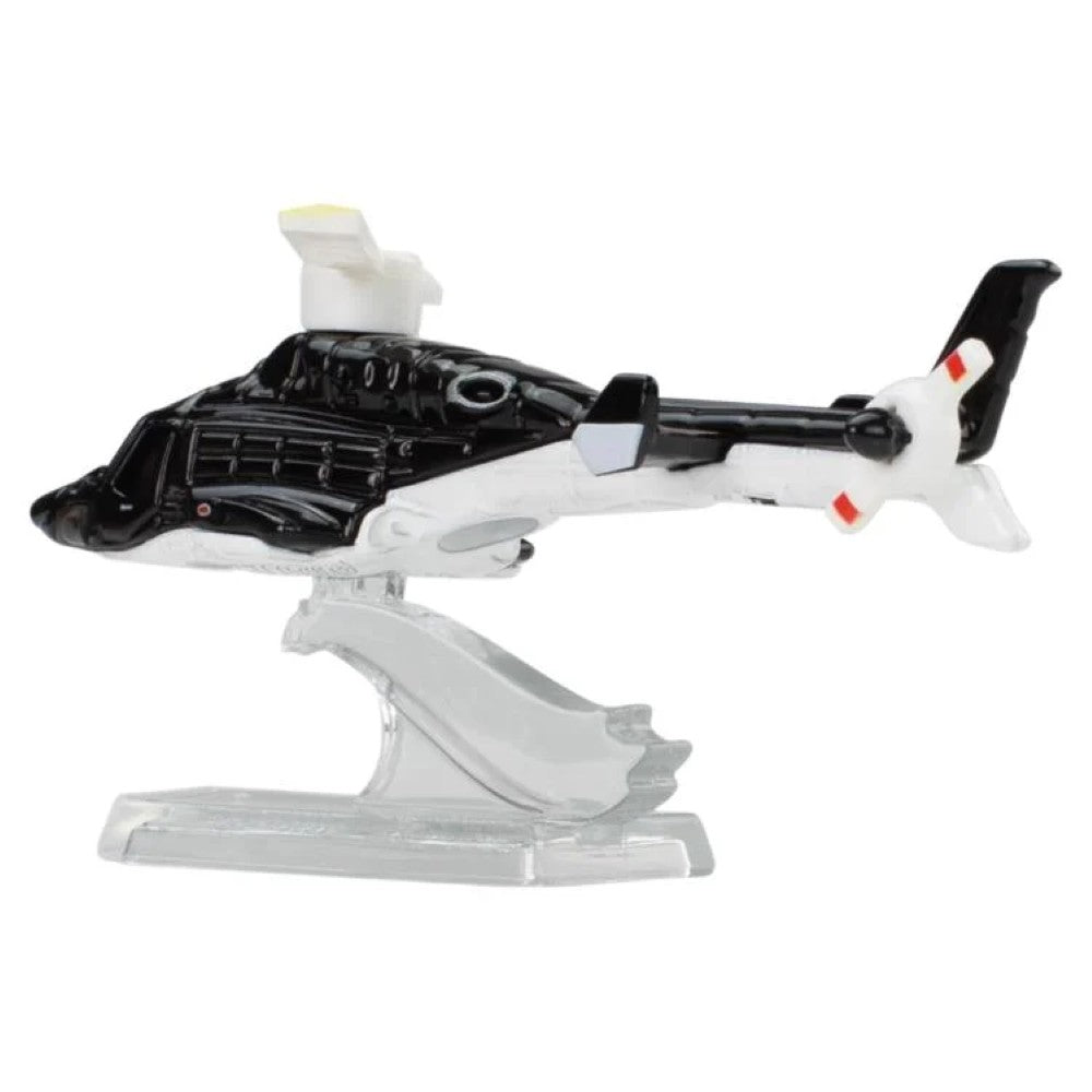 Mattel Airwolf Hot Wheels 1:64 scale die-cast helicopter model in black and white on clear display stand