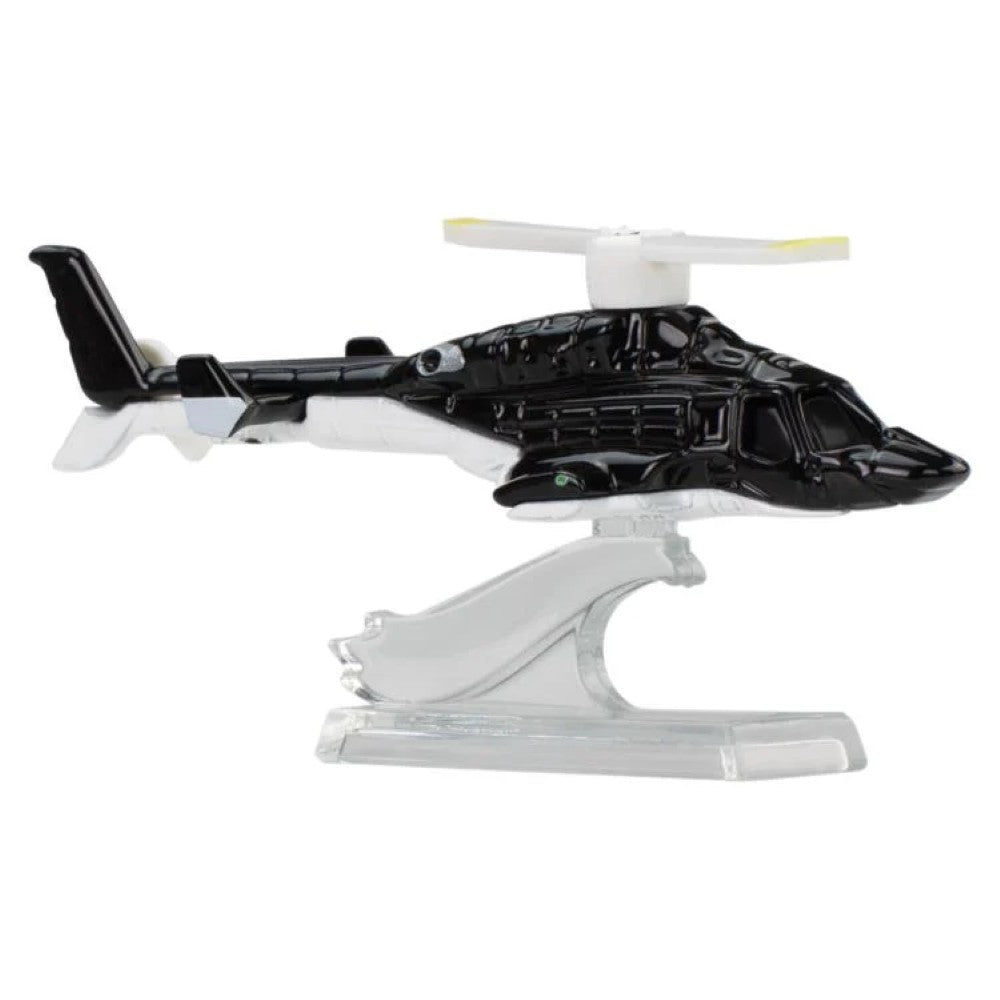 Mattel Airwolf Hot Wheels 1:64 scale black and white die-cast helicopter model on clear display stand