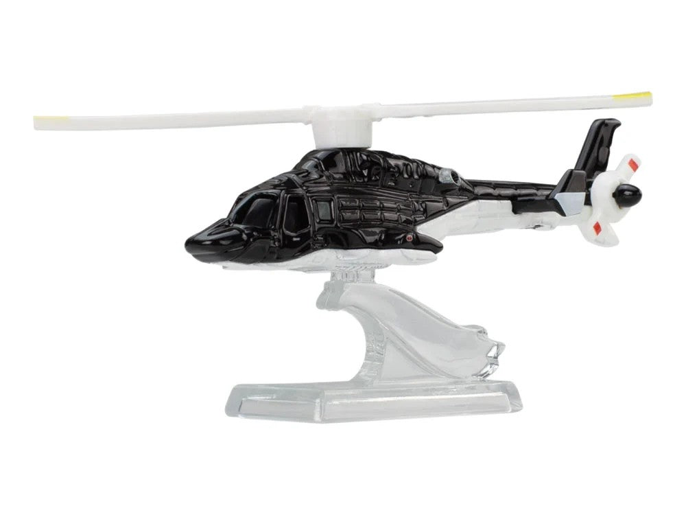 Mattel Airwolf Hot Wheels 1:64 scale die-cast black and white helicopter model on clear display stand