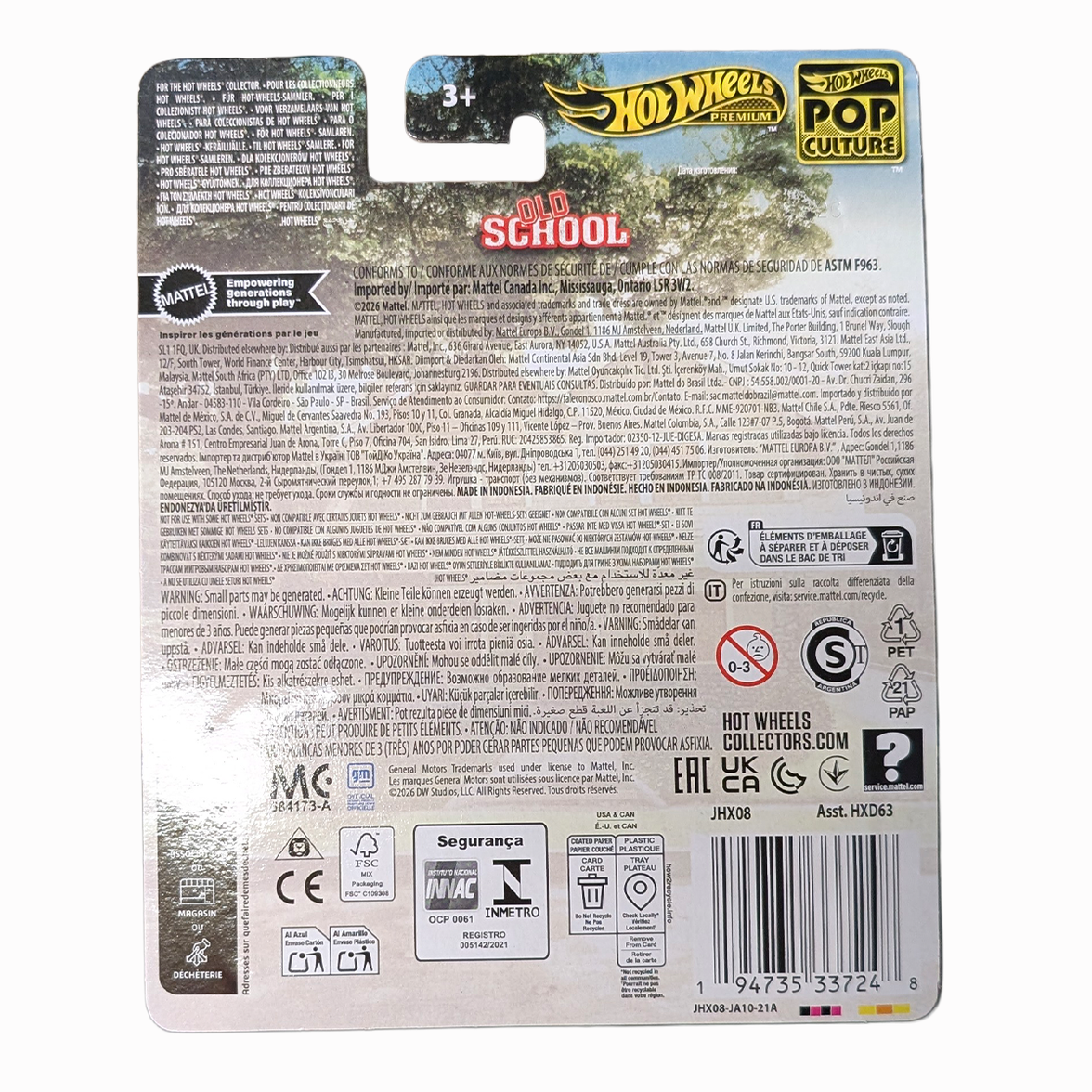 Back of Mattel packaging for 77 Pontiac Firebird T/A 1:64 Hot Wheels Pop Culture Mini-Vehicle