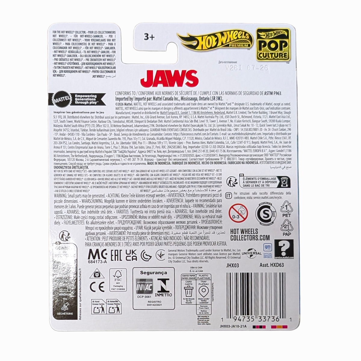 75 Chevrolet Blazer JAWS Custom Suv 1:64 Hot Wheels Pop Culture Mini-Vehicle by Mattel, back packaging