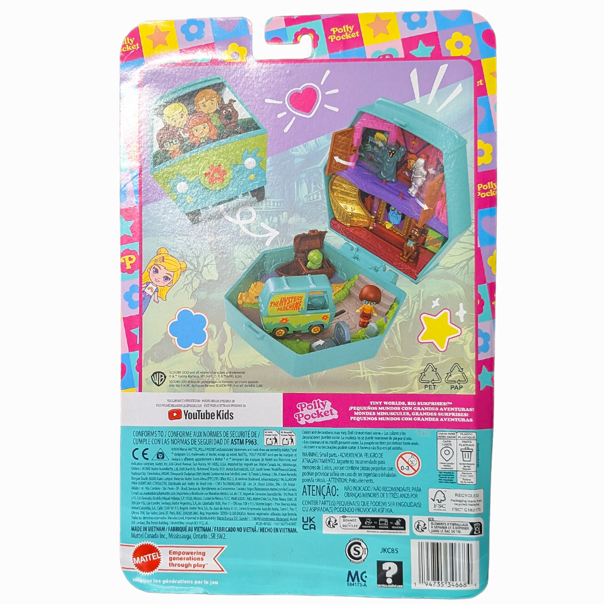 Back packaging of Scooby-Doo 9.84" Mattel Mini-Figure Playset Polly Pocket Compact with playset artwork