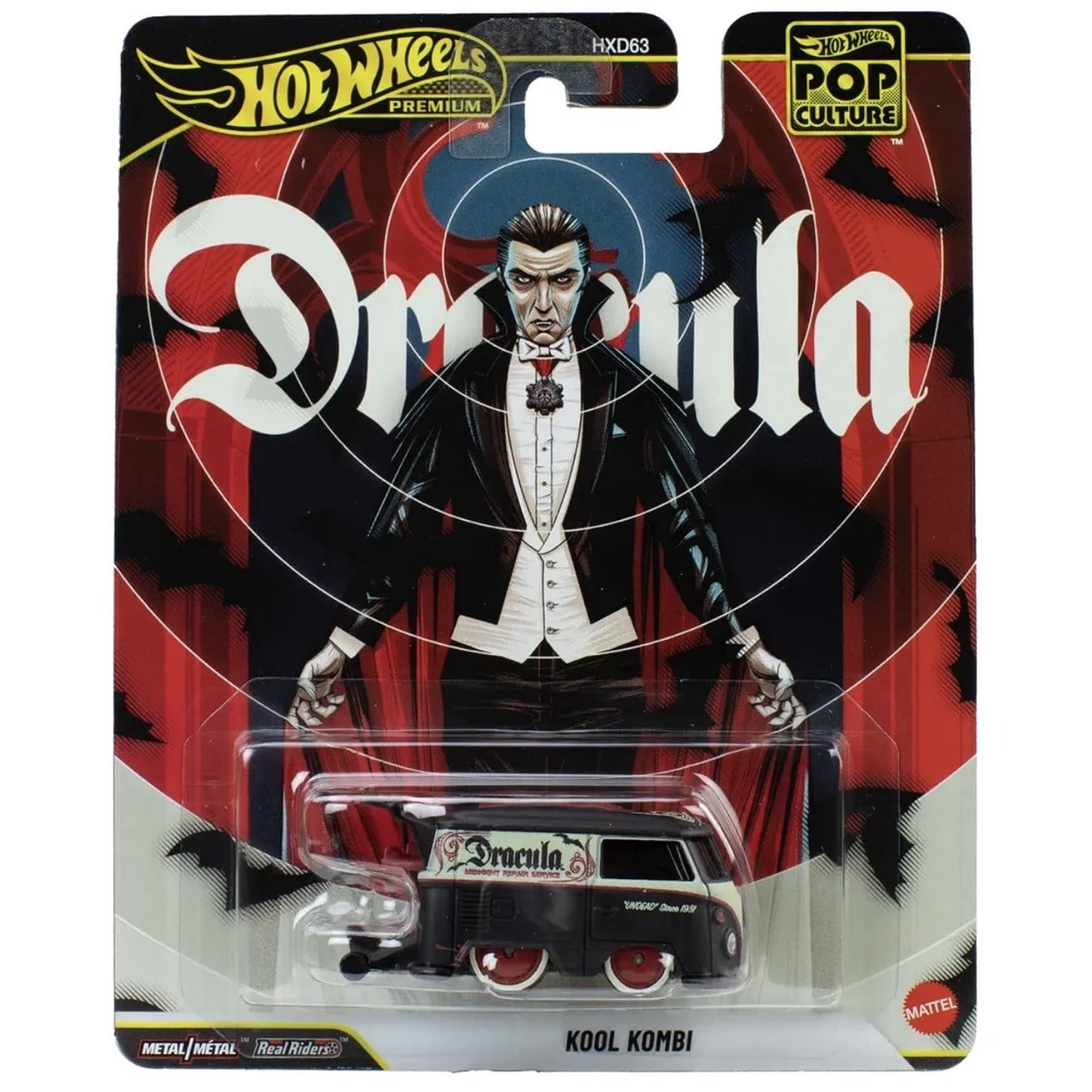 Dracula Kool Kombi 1:64 Scale Hot Wheels Premium Pop Culture Diecast Car by Mattel in black with vampire-inspired artwork and red wheels