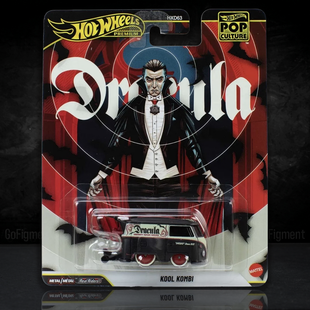 Dracula Kool Kombi 1:64 Scale Hot Wheels Premium Pop Culture Diecast Car by Mattel in black with red wheels and Dracula design