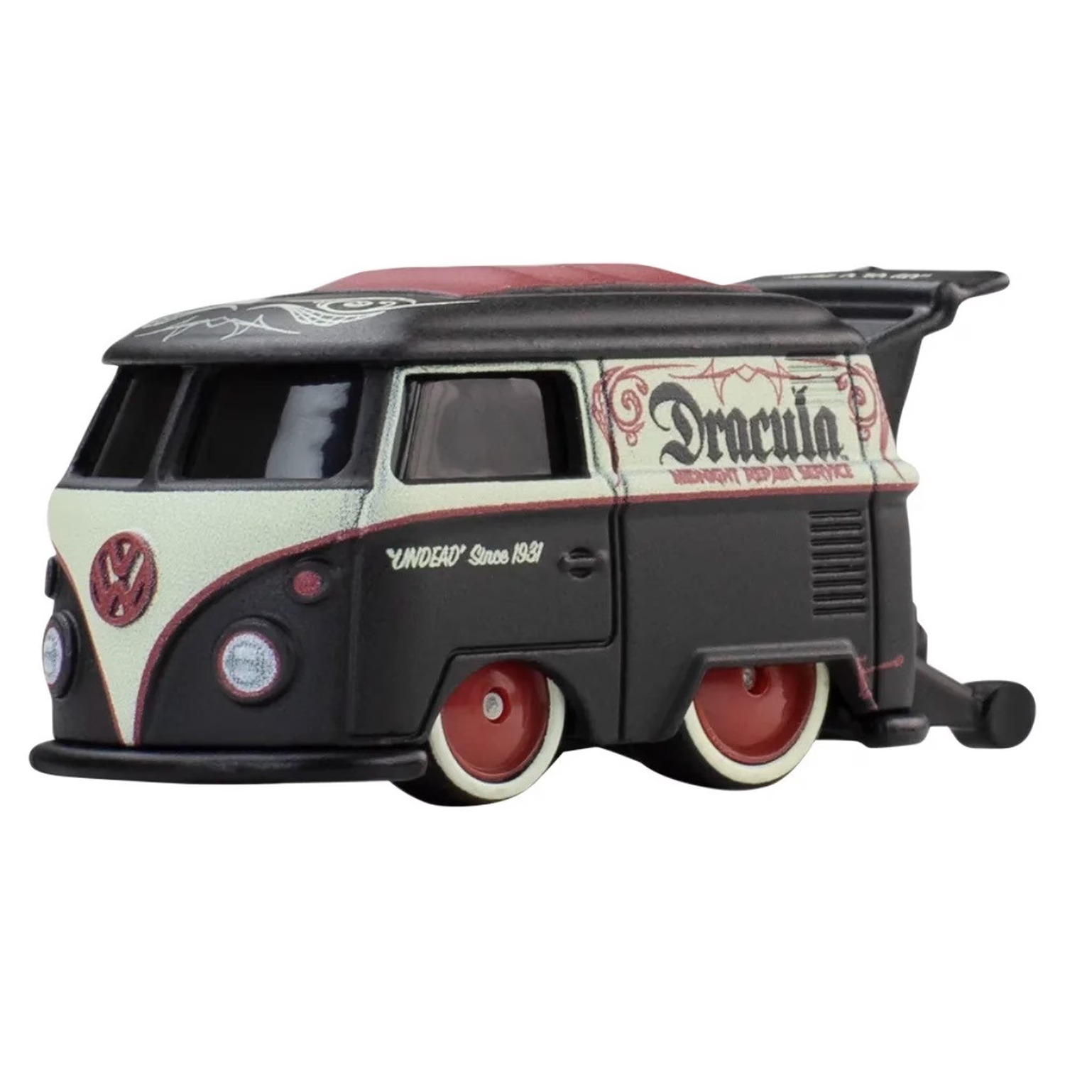 Dracula Kool Kombi 1:64 Scale Hot Wheels Premium Pop Culture Diecast Car by Mattel in black and cream with red wheels and vampire design