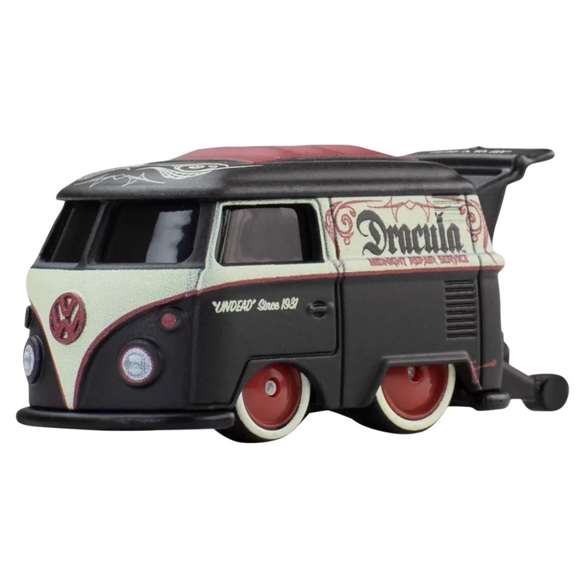 Dracula Kool Kombi 1:64 Scale Hot Wheels Premium Pop Culture Diecast Car by Mattel in black and cream with red wheels and vampire design