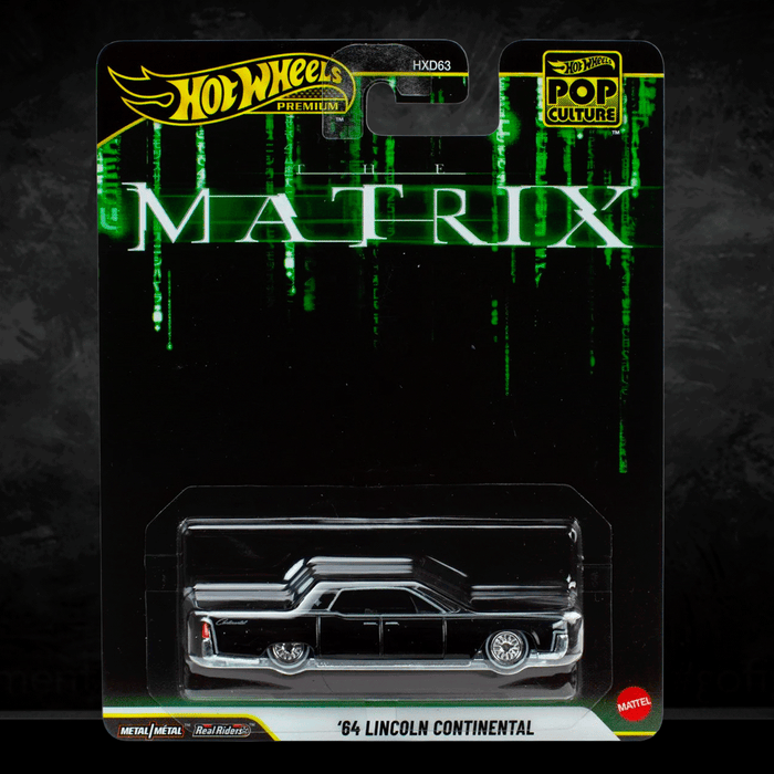 Mattel Hot Wheels Premium '64 Lincoln Continental die-cast car in The Matrix Pop Culture 2026 packaging front view