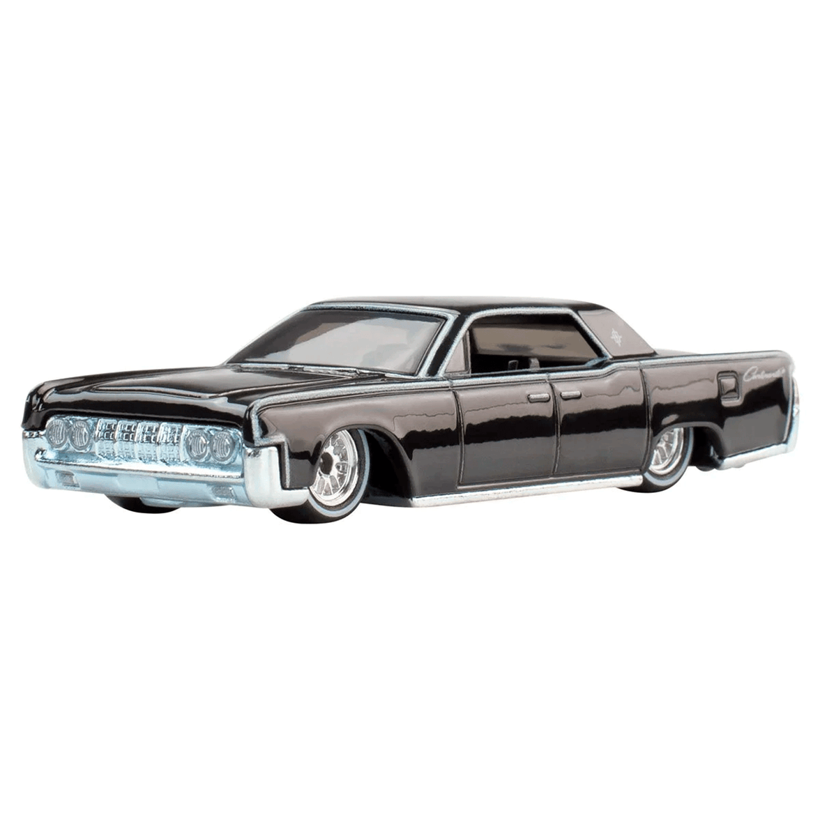 Mattel Hot Wheels die-cast 1964 Lincoln Continental model car in black with detailed chrome accents front angle view
