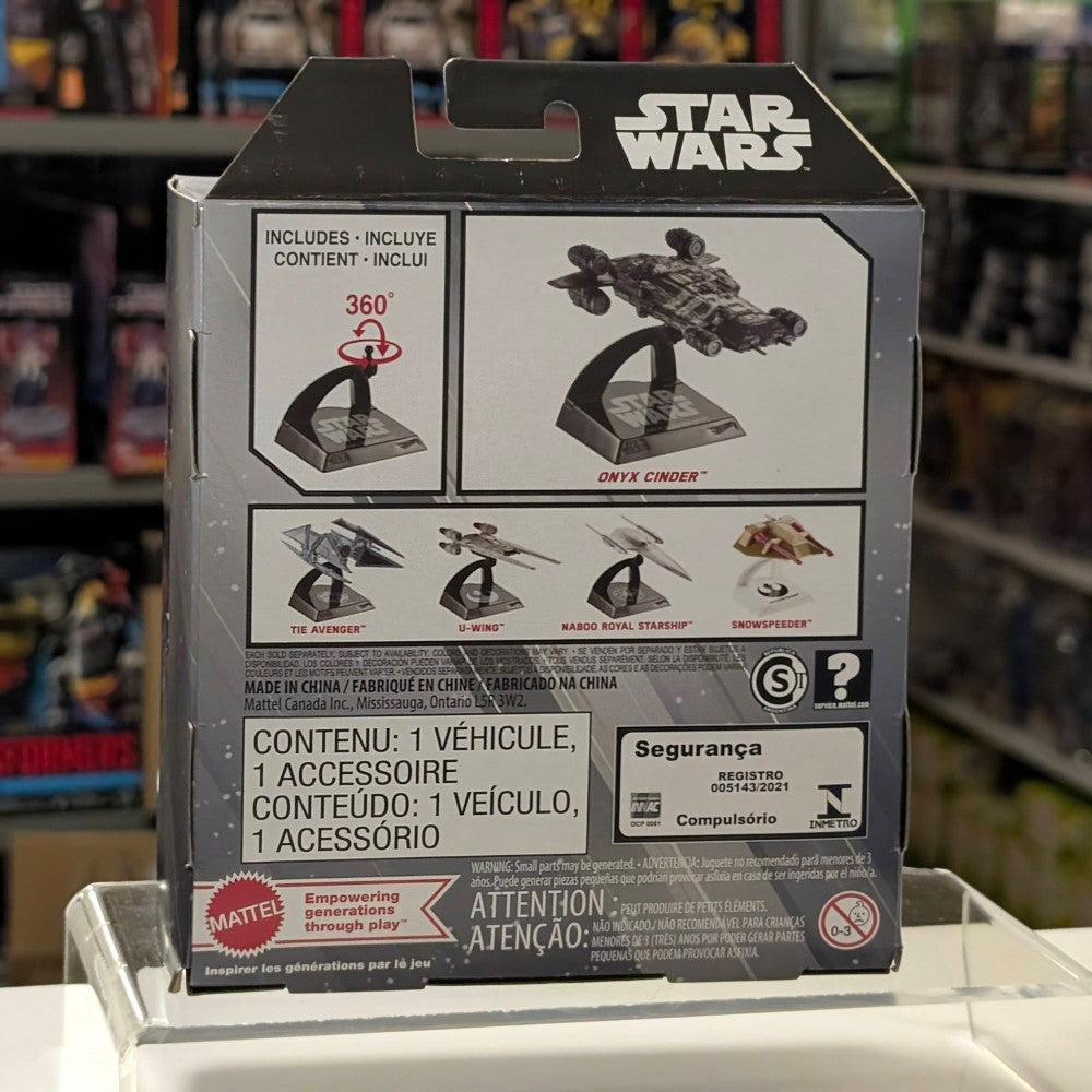 Mattel Star Wars Hot Wheels Starships Select Onyx Cinder 1:50 scale die-cast vehicle packaging back view with accessories display