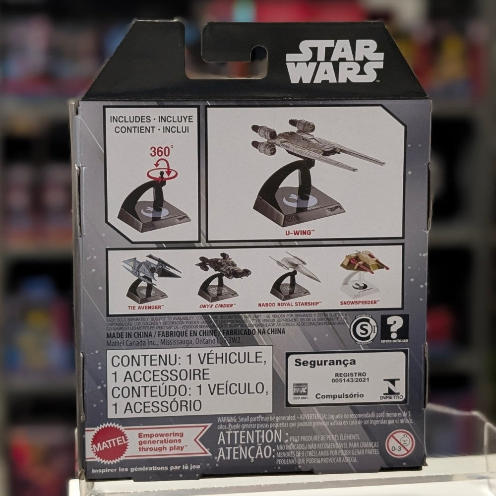 Mattel Star Wars Hot Wheels Starships Select U-Wing die-cast vehicle packaging back view with accessory display