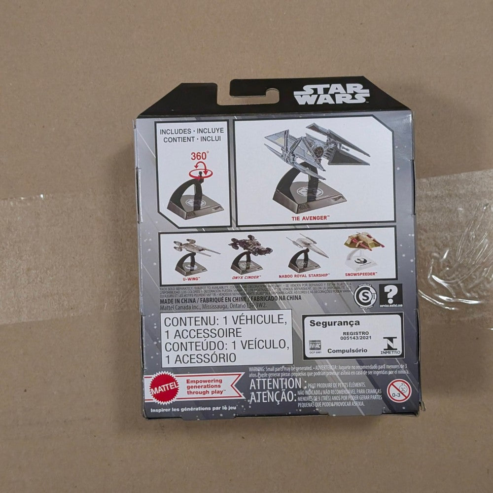 Mattel Star Wars Hot Wheels Starships Select packaging back showing TIE Avenger and other ship options with safety details