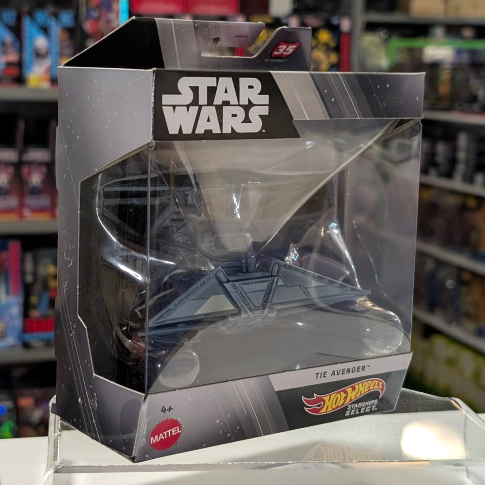 Mattel Star Wars Hot Wheels Select TIE Avenger 1:50 scale die-cast vehicle in detailed packaging displayed on shelf