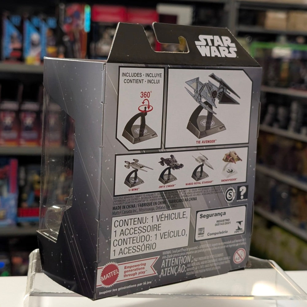 Mattel Star Wars Hot Wheels Select 1:50 scale TIE Avenger die-cast vehicle packaging showing product images and details