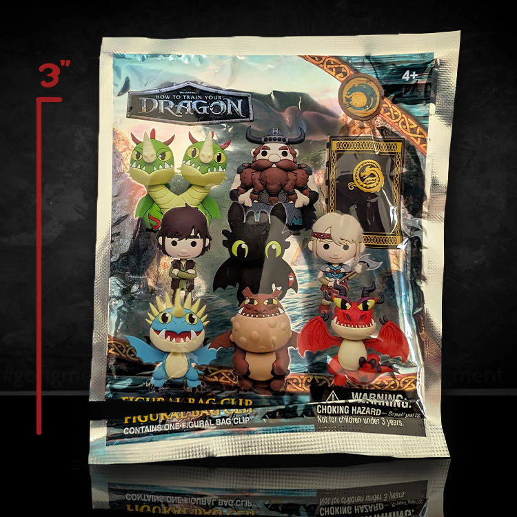 How to Train Your Dragon 3D figural bag clip unopened packaging featuring multiple characters including Meatlug and Toothless