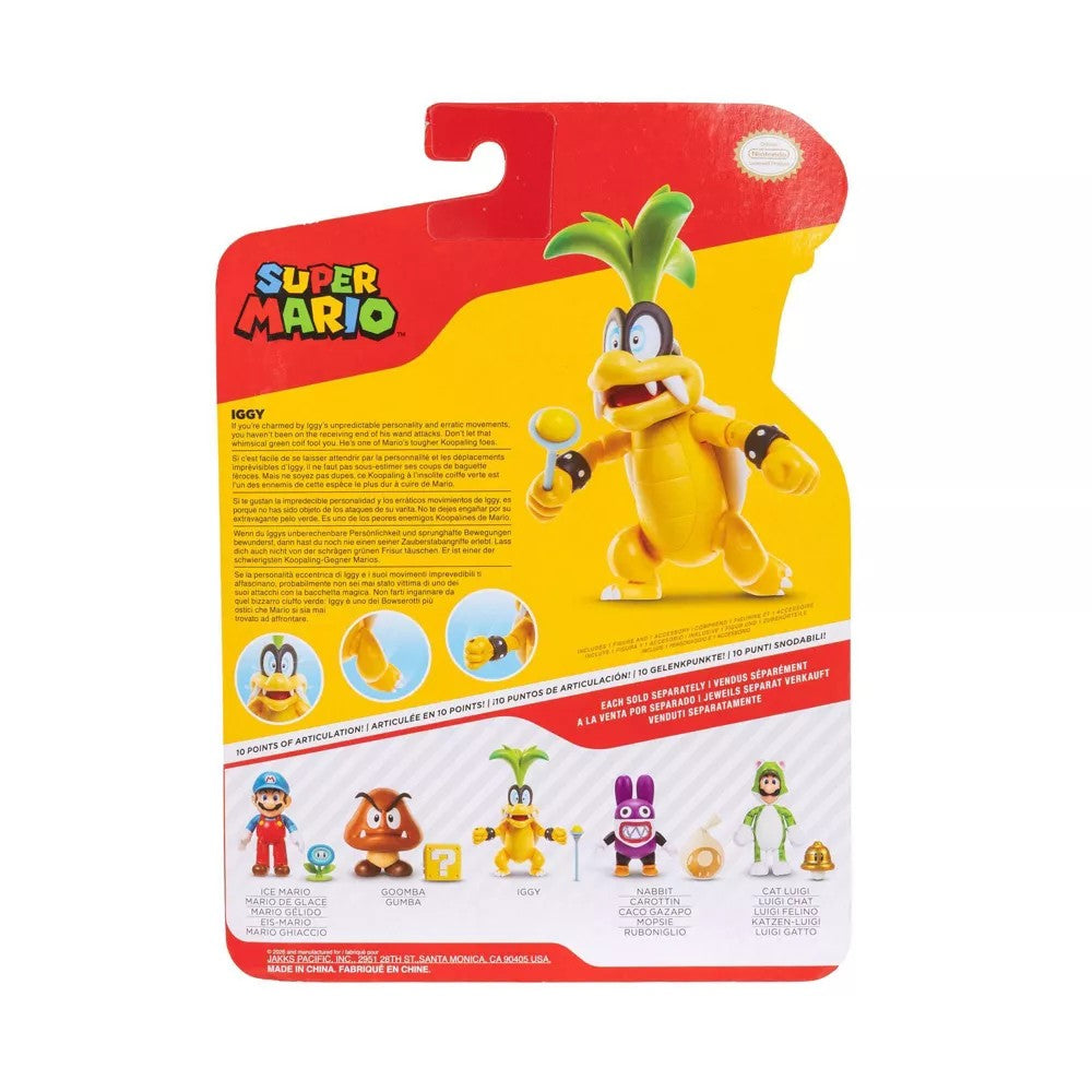 Super Mario Wave 49 - Iggy with Magic Wand 4" Action Figure Collectible by Jakks in packaging with character details.