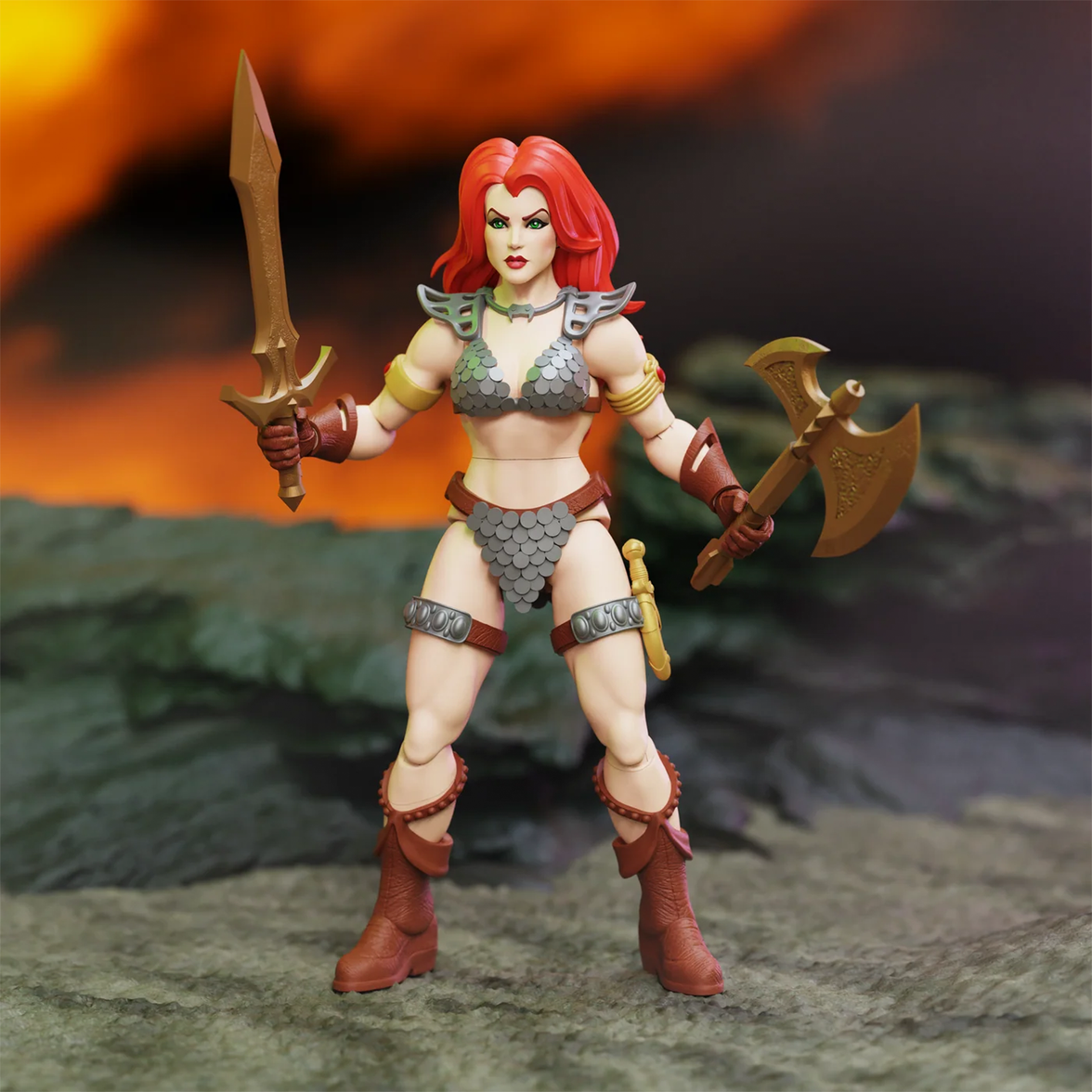 Red-haired fantasy warrior figure holding a sword and axe on a rocky landscape