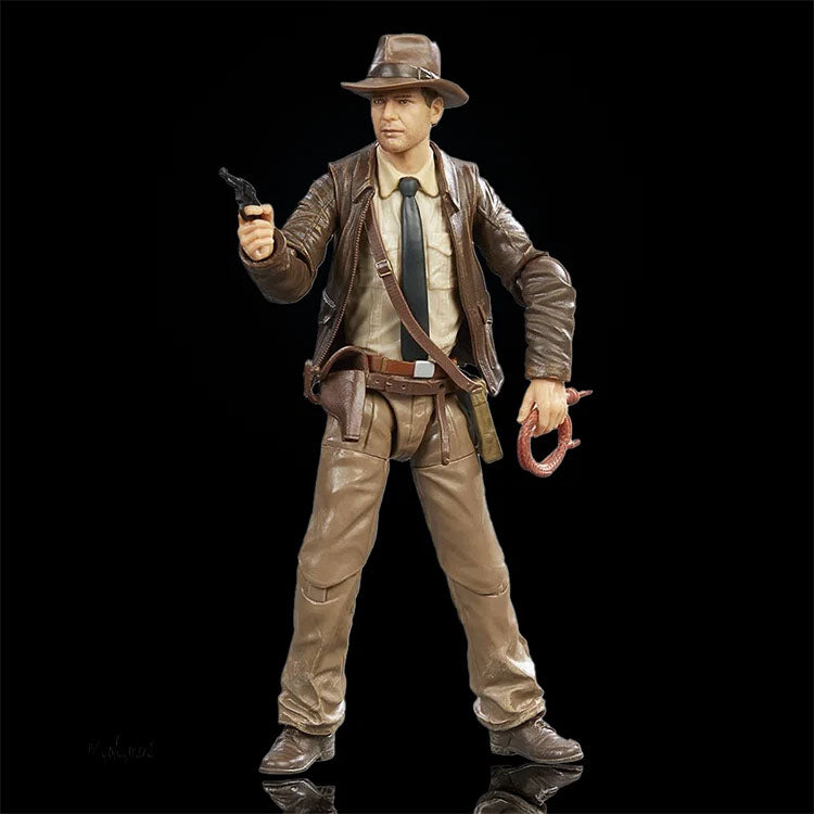 Hasbro Indiana Jones Adventure Series action figure holding gun and whip in classic explorer outfit on black background