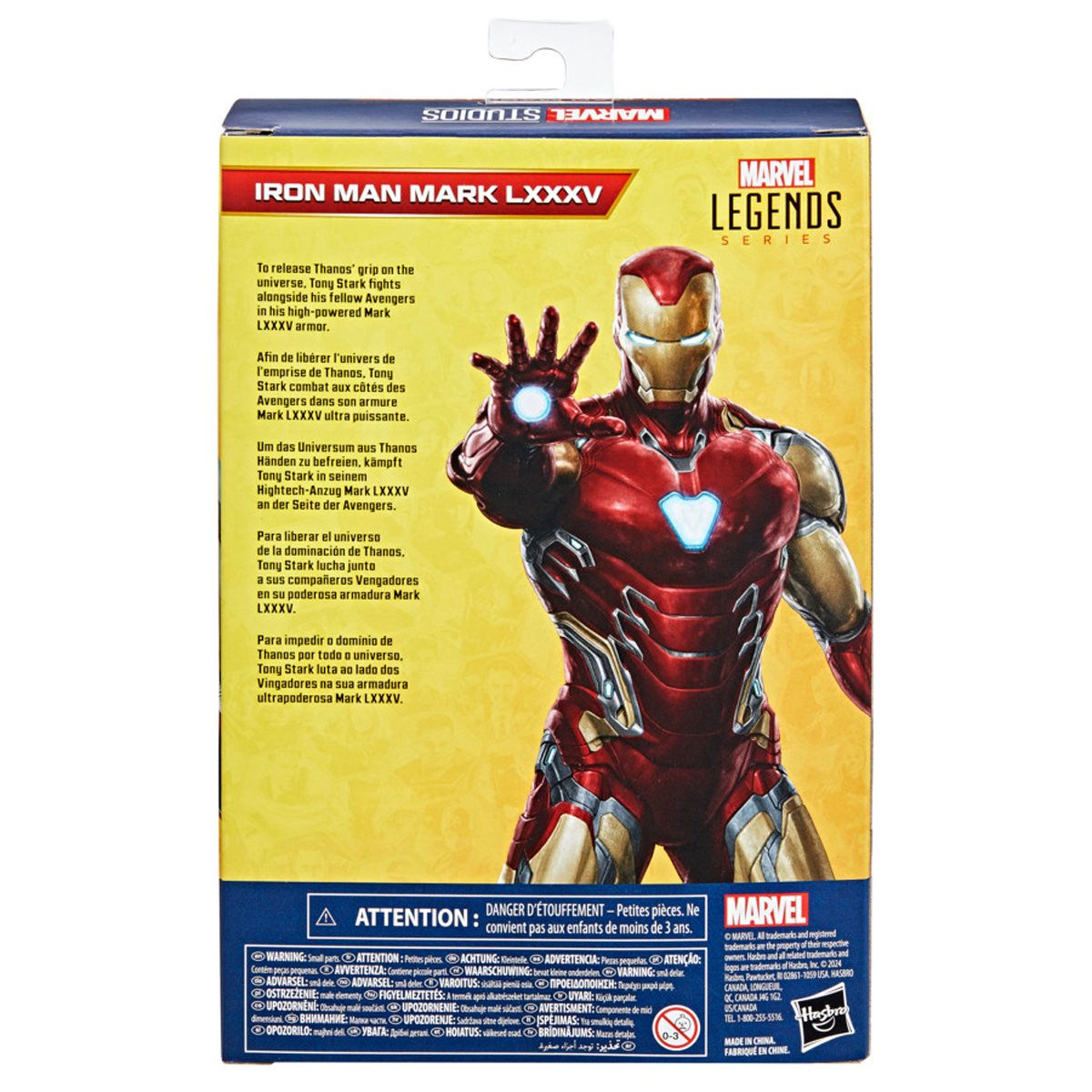 Iron Man Mark 85 (LXXXV) Marvel Legends 6" Action Figure Hasbro packaging showing detailed armor and branding.
