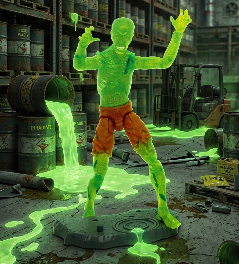 Glowing green figure in a warehouse setting with barrels and equipment.