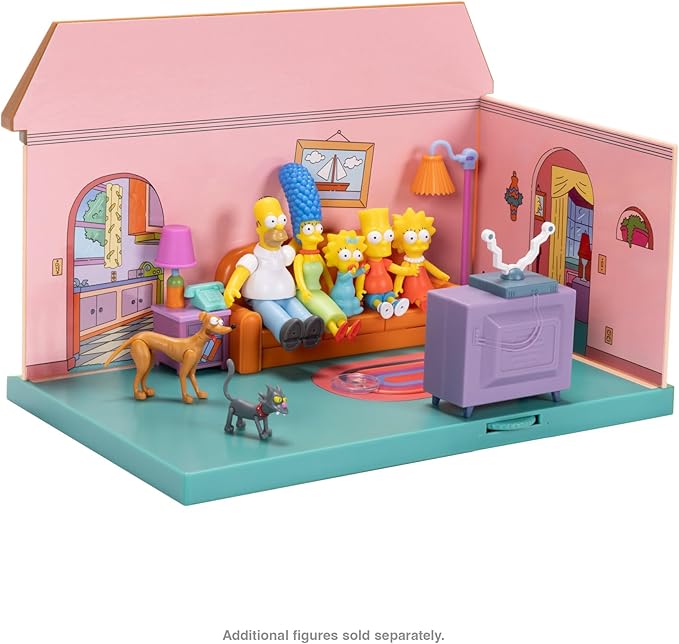 Miniature Simpsons living room diorama with Homer, Marge, Bart, Lisa, Maggie, Santa's Little Helper, and Snowball II figures.
