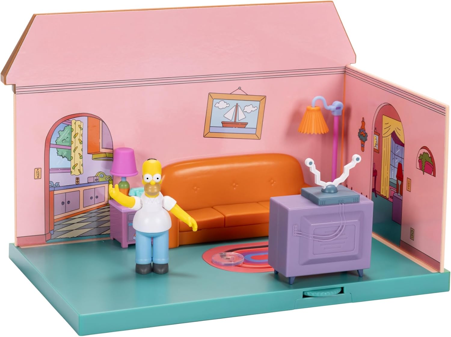 Small-scale diorama of a colorful living room with orange couch, TV, and a yellow figure resembling Homer Simpson